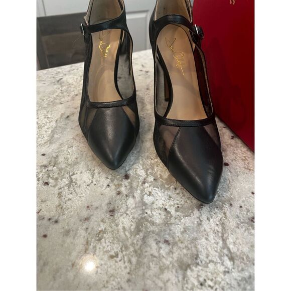 Joan Oloff Rebecca Black Leather & Mesh Ankle Strap Perfect Heel NIB Formal - Picture 8 of 8